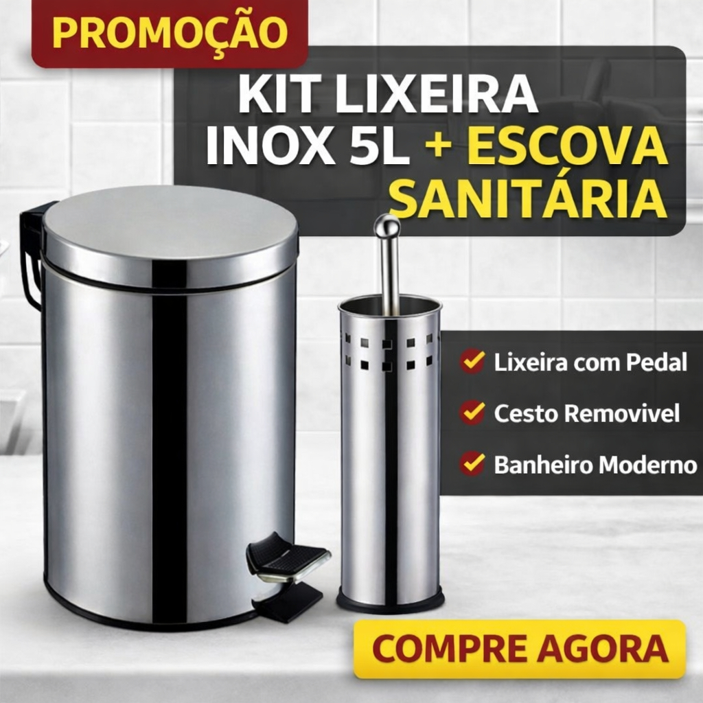 Kit Lixeira 5 Litros Inox com Pedal + Escovinha Sanitária