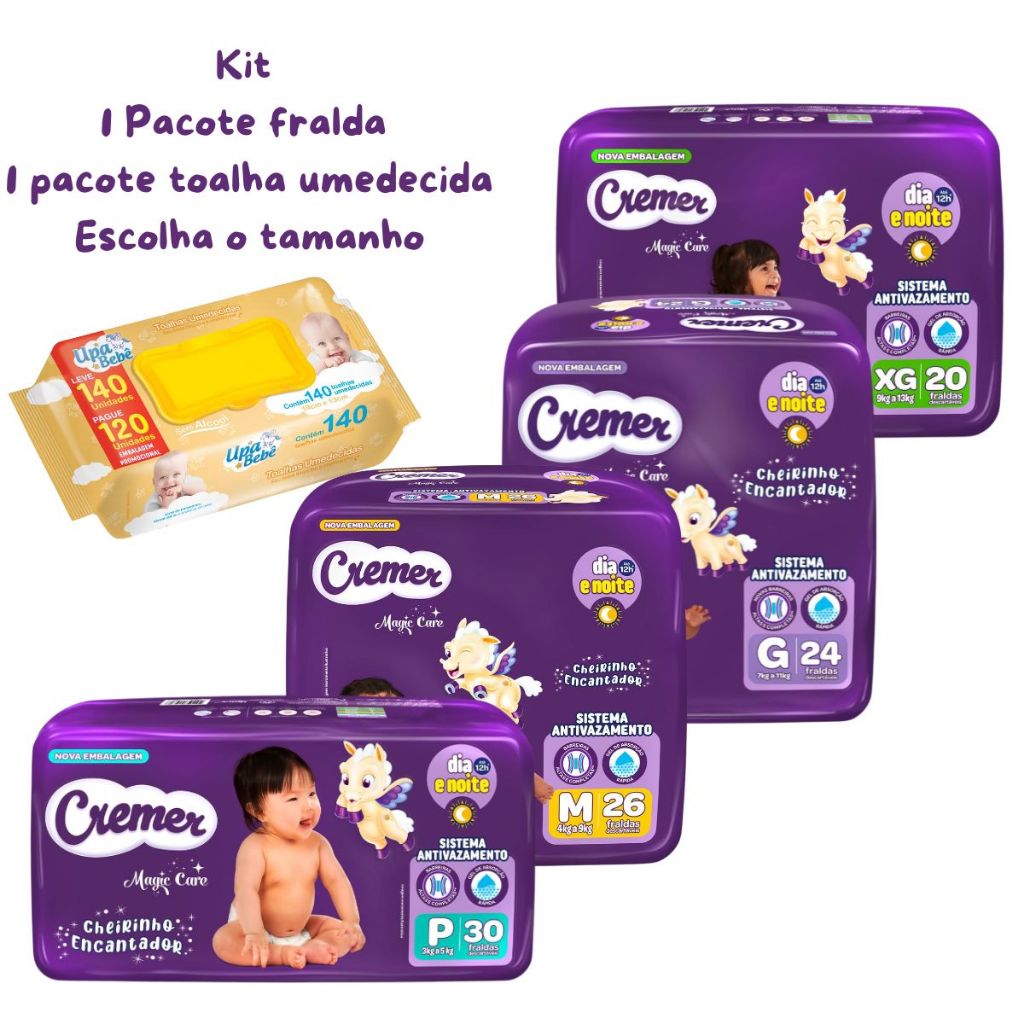 Fralda Cremer Magic Care Toalha Umedecida Upa Bebê 140un Kit Higiene Presente Enxoval Recém-Nascido