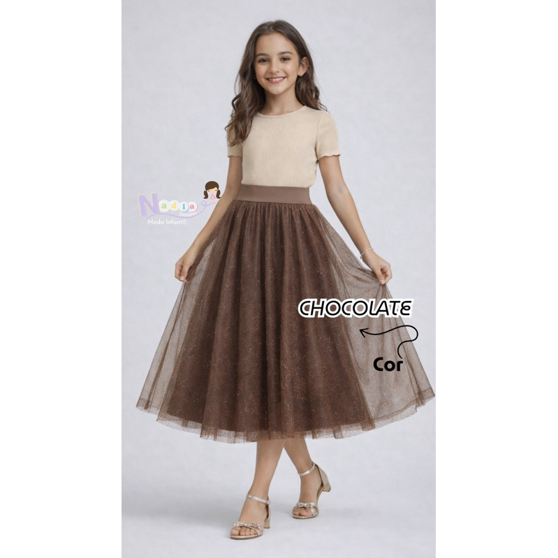 Saia Infantil Marrom /Café/ chocolate / de Tule com Glitter – Moda Evangélica – 6 a 14 Anos