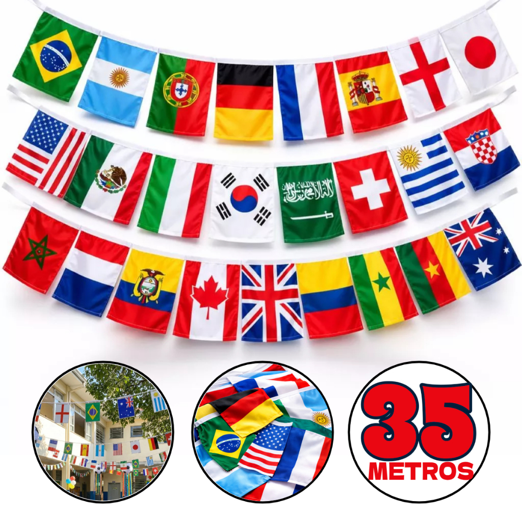 Bandeirinha Vários Países Copa do Mundo 2026 Varal de Bandeiras - Bandeirinhas com Países Variados - Metalizadas