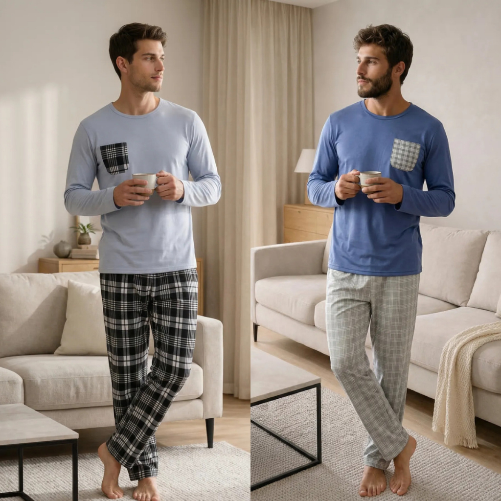 Kit 2 Pijamas Masculino Xadrez de Frio Inverno Manga Longa  Calça De Malha Promoção