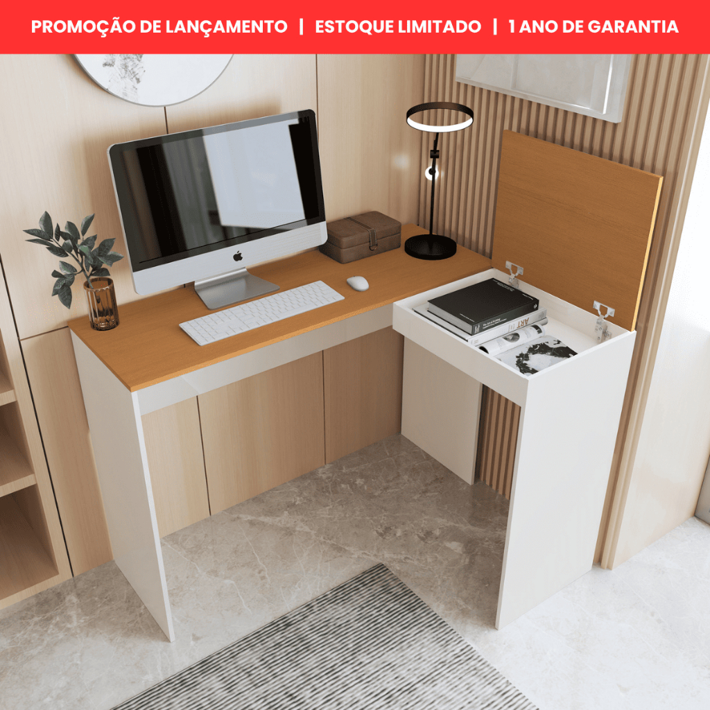 Mesa Escrivaninha Penteadeira em L de Canto com Baú Porta Joias Maquiagem Skincare Organizadora