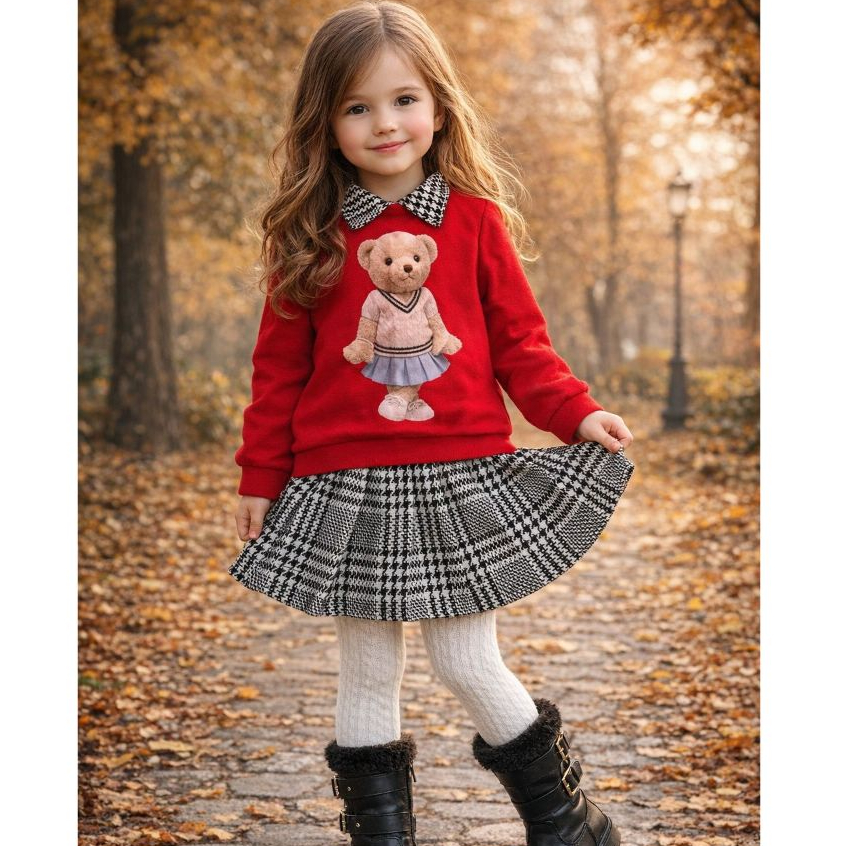 Conjunto Infantil Menina Inverno Outono Blusa de Frio Ursinho  + Saia Shorts