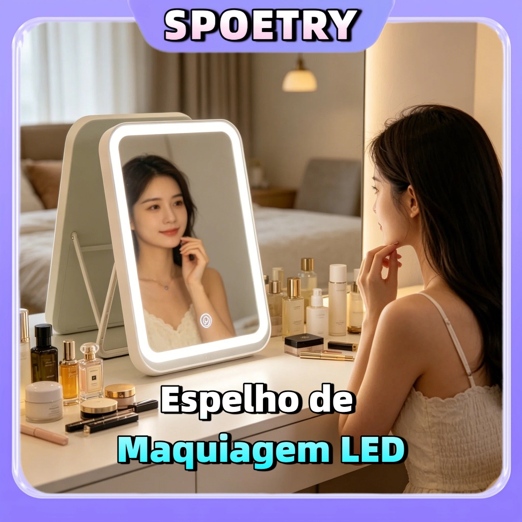 Espelho De Maquiagem com LED Inteligente Controle de Toque 3 Níveis de Luz Mesa Portátil Recarregável Tipo C