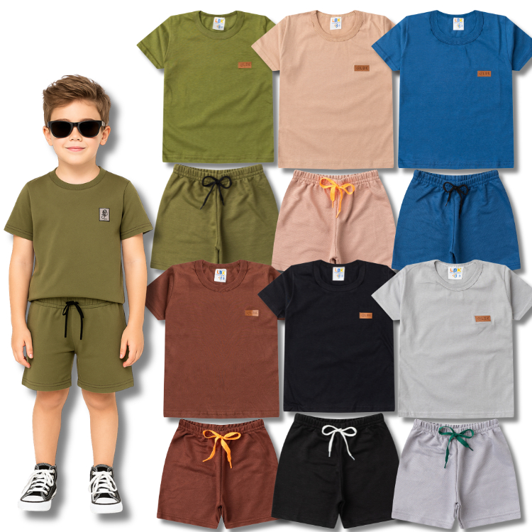 Kit 10 Peças Conjunto Camiseta Monocromático Liso Masculino Infantil Juvenil - Kit 3 ou 5 Conjuntos