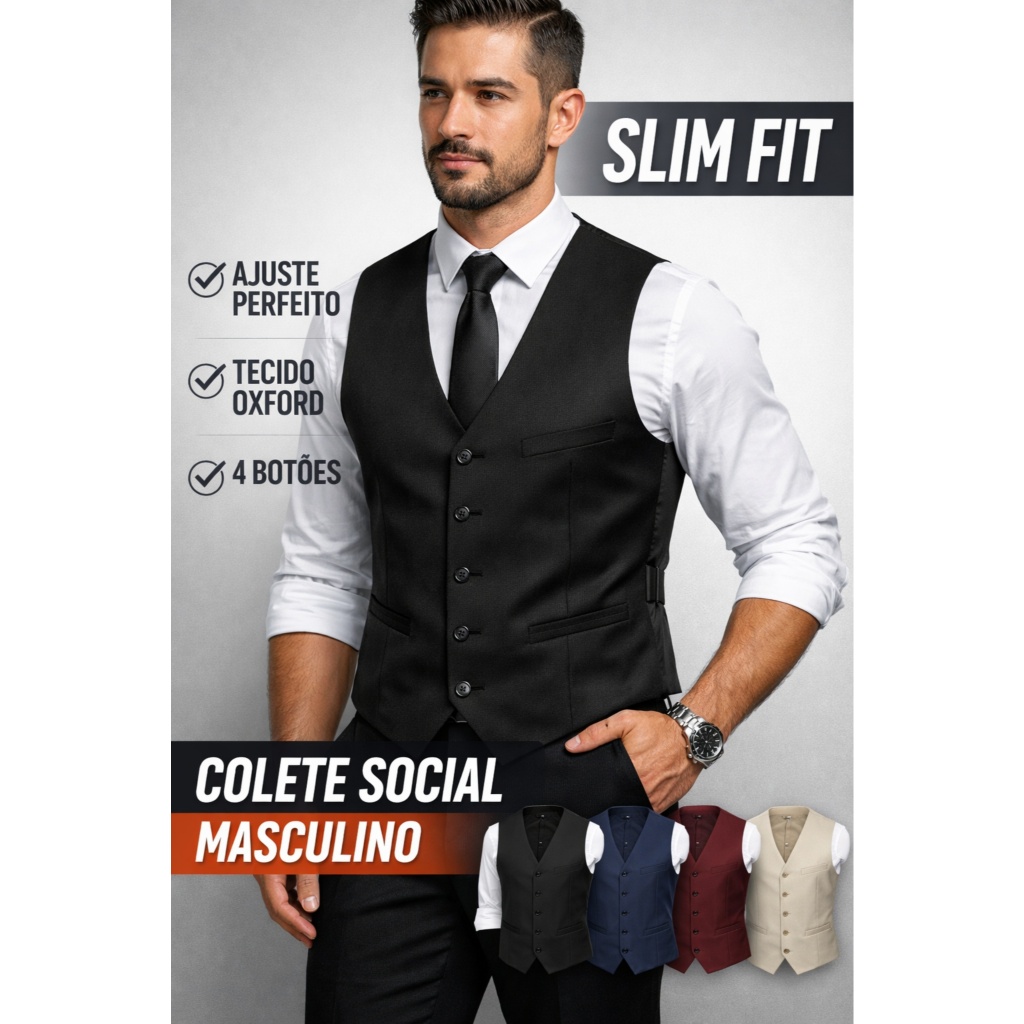 Colete Social Masculino Slim 4 Botões Ajustável Elegante Casamento Festa Várias Cores