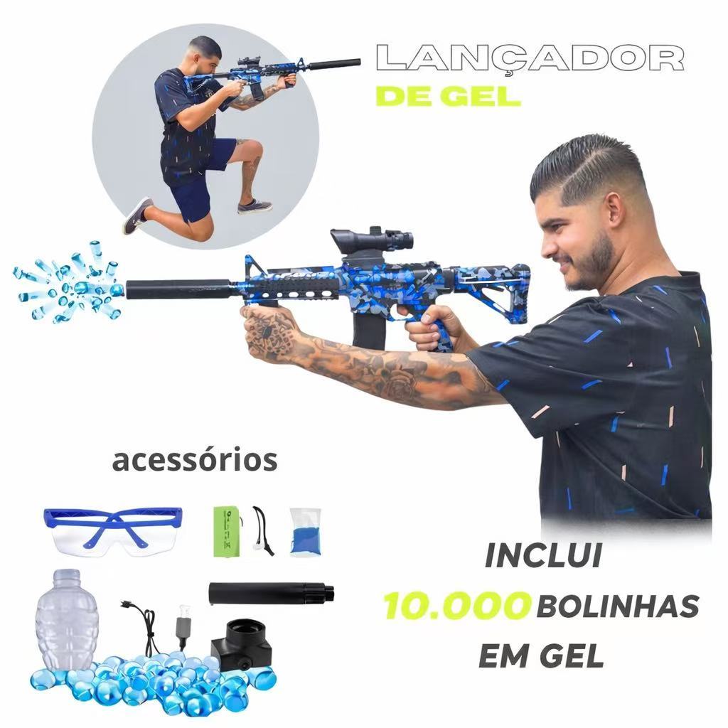 Lançador de Bolinha de Gel M4A1 Grande 1 Metro Potente Automático e Manual c/ Óculos e Acessórios