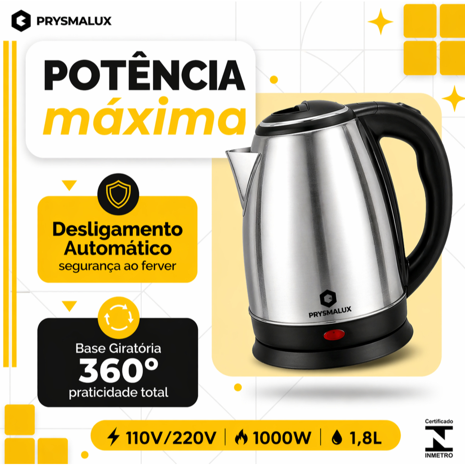 Chaleira Elétrica Inox 1.8L Prysmalux Ferve Rápido Chá Café 110v/220v