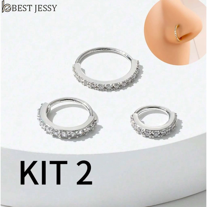 Kit 2 Piercing Aba nasal 8mm Nariz Cartilagem Argola Cravejado Strass