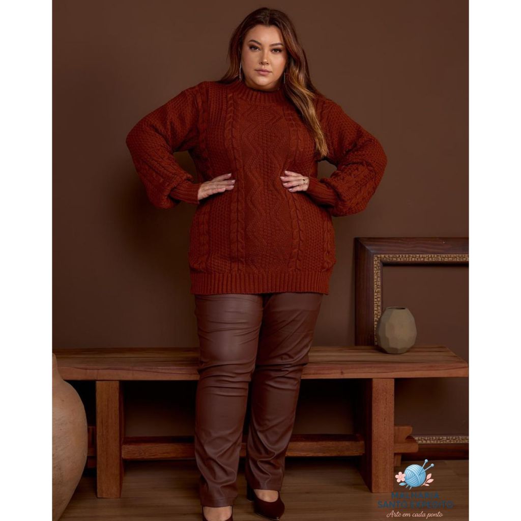 Blusa Feminina Tricô Plus Size Detalhes em Trança Tamanho Grande Feito Tricot Inverno