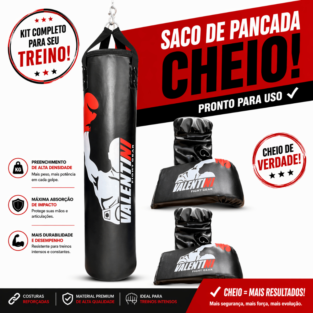 Saco de Pancada VALENTINI 120 cm CHEIO Boxe + 2 PAR DE LUVA BATE SACO