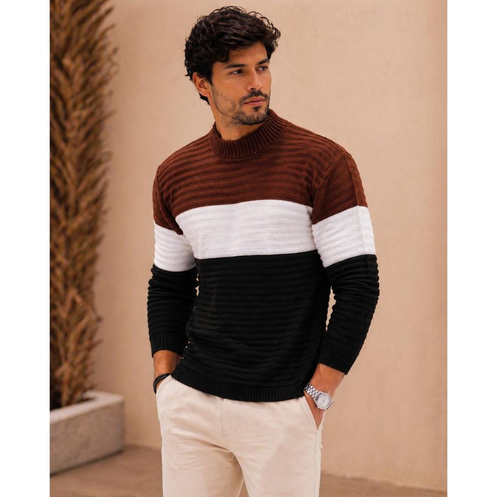 Sueter tricot masculino blusa de frio gola redonda manga longa blusa de Lã