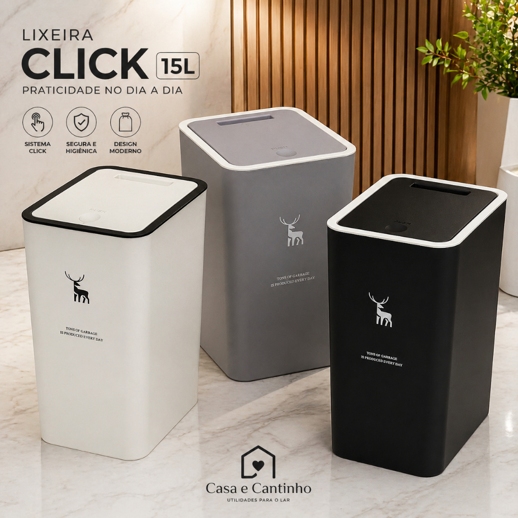 Lixeira Compacta 15L com Tampa Click Premium Para Cozinha Escritório Banheiro Multiuso