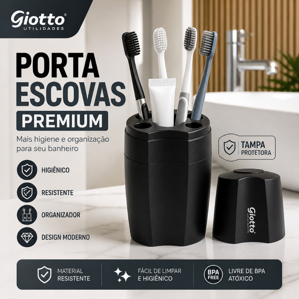 Suportes para Escovas de Dentes Distribuidores de Pasta dente Tampa Higiene Preto Giotto Banheiros