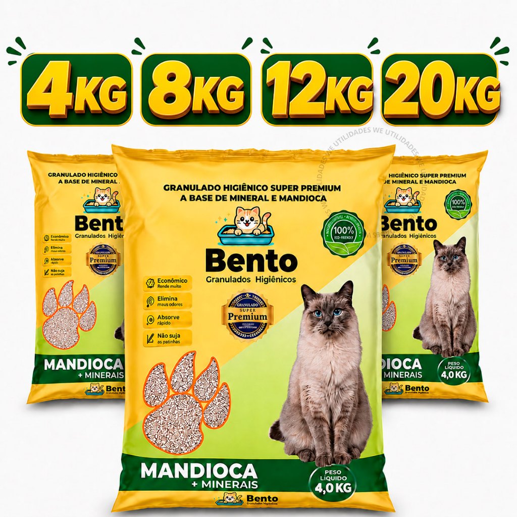 Areia Gato Biodegradável Mandioca com Minerais Higiênica Grãos Ultra Fino Kit 4 ou 8 ou12 ou 20 kilos Odor Natural