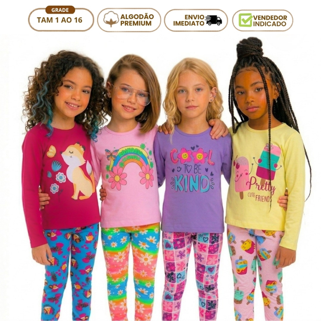 Kit 10 Peças Menina Conjunto Infantil Feminino Estiloso 5 Legging 5 Blusinha Manga Longa Meia Estação Algodão 1 a 16 ano
