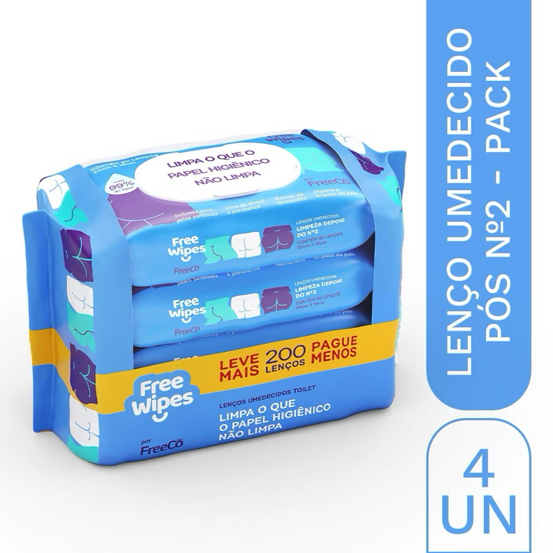 Lenço Umedecido Toilet Pack com 4 unidades 200 lenços