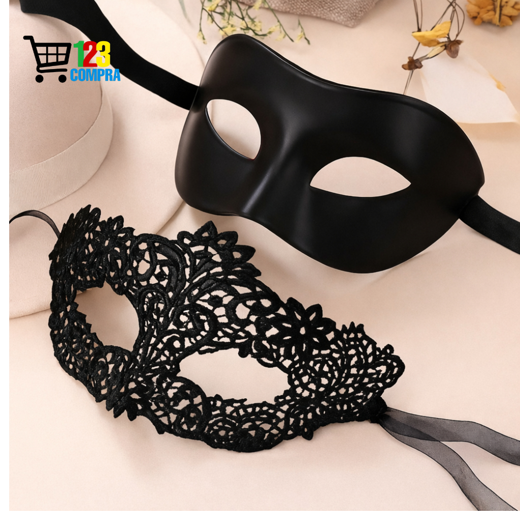 2 Máscaras de Festa para Casal - Renda e Plástico (Preto)