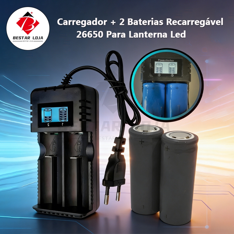 BESTAR LOJA Carregador + 2 Baterias Recarregável 26650 Para Lanterna Led