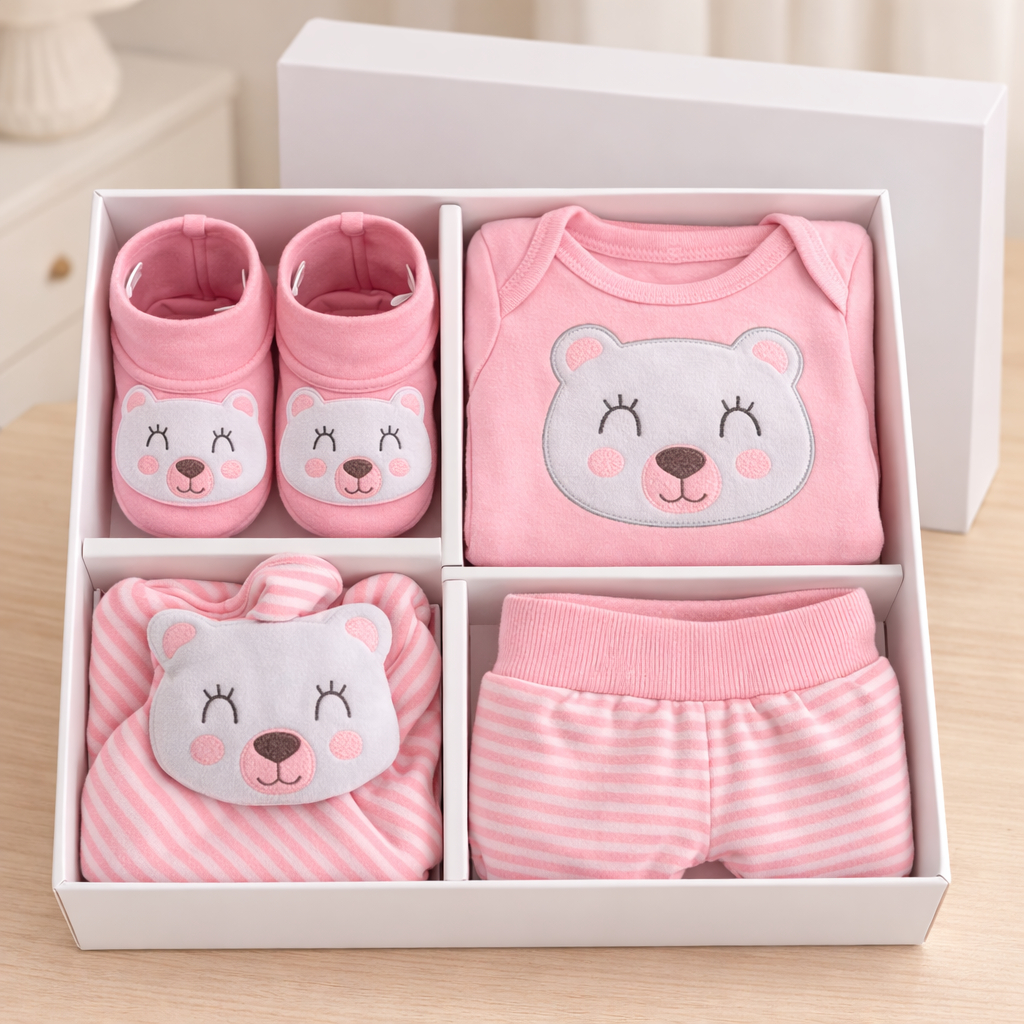 Presente Bebê Recém Nascido 4 Peças Body Manga Longa Calça Naninha e Meia Pantufa Bichinho 3D