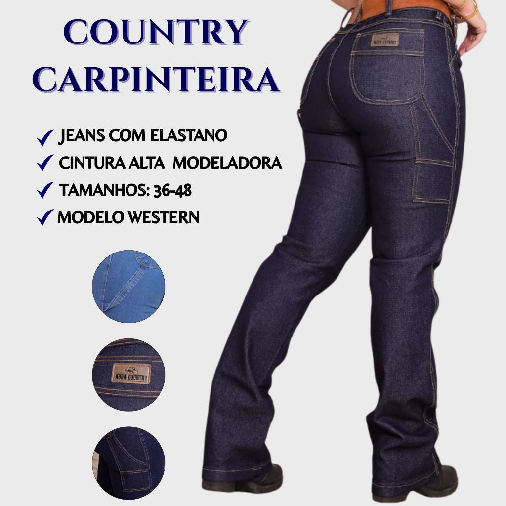 Calça Jeans Feminina Carpinteira Country Cintura Alta Elastano Levanta Bumbum Mudaleira Rodeio Montaria Cavalgada