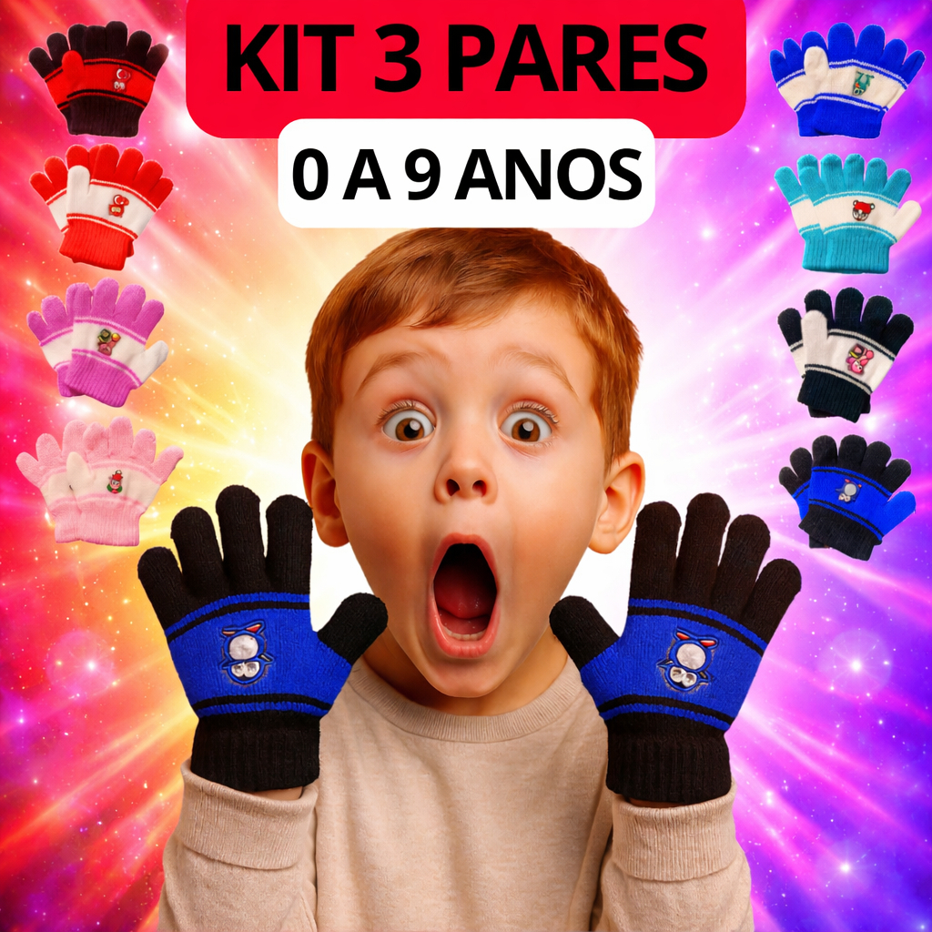 Kit 3 Pares de Luva Infantil Menina Menino Quentinha Confortável Inverno Frio