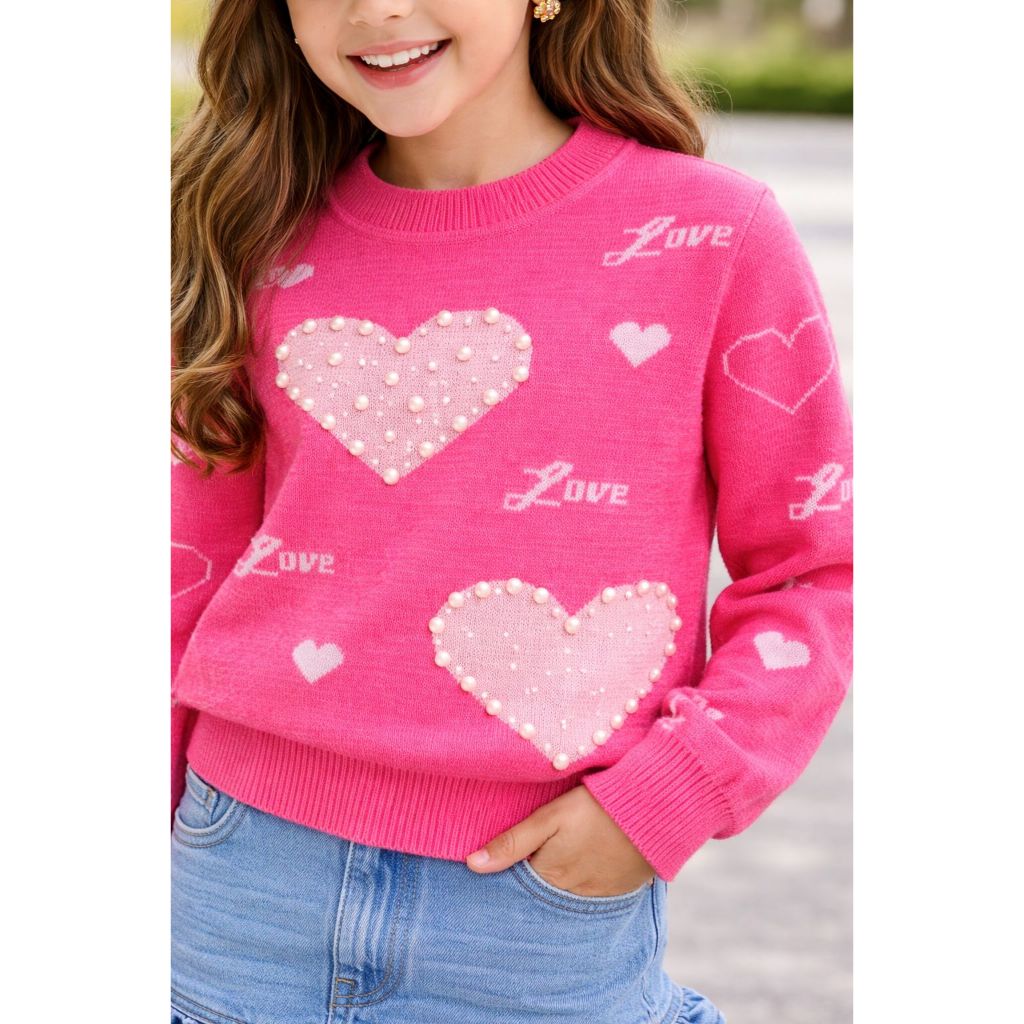 Blusa de frio em trico menina 4 6 e 8 inverno com coração de pérola infantil tricot