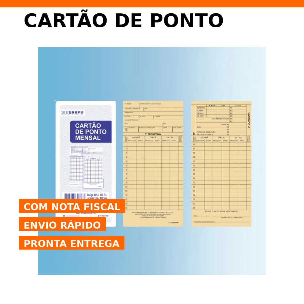 Cartão de Ponto Mensal  5 10 50 100 Folhas Controle de Funcionários Pronta Entrega