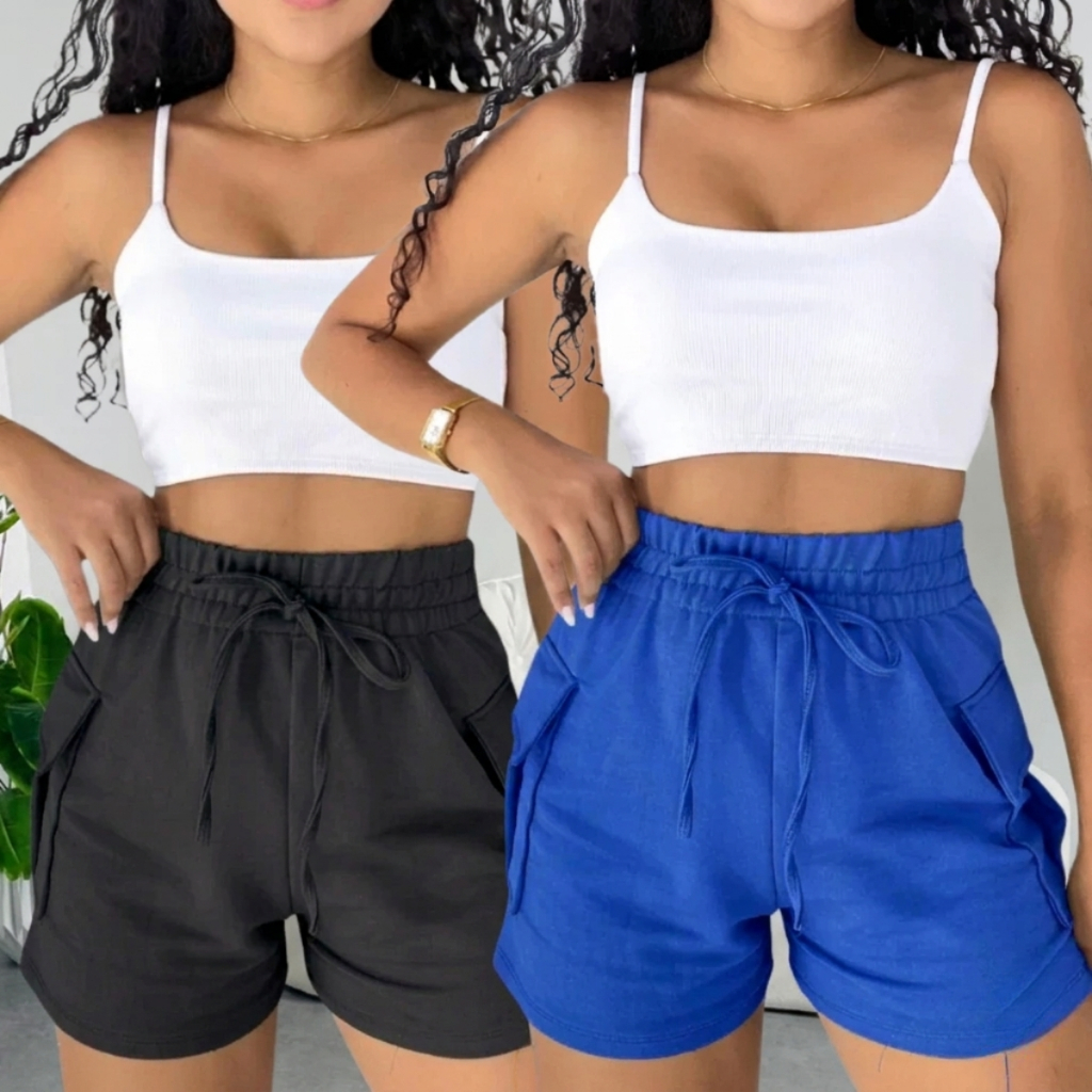 Kit 2 Peças Short Feminino Cargo Moletom Moletinho  Confortável