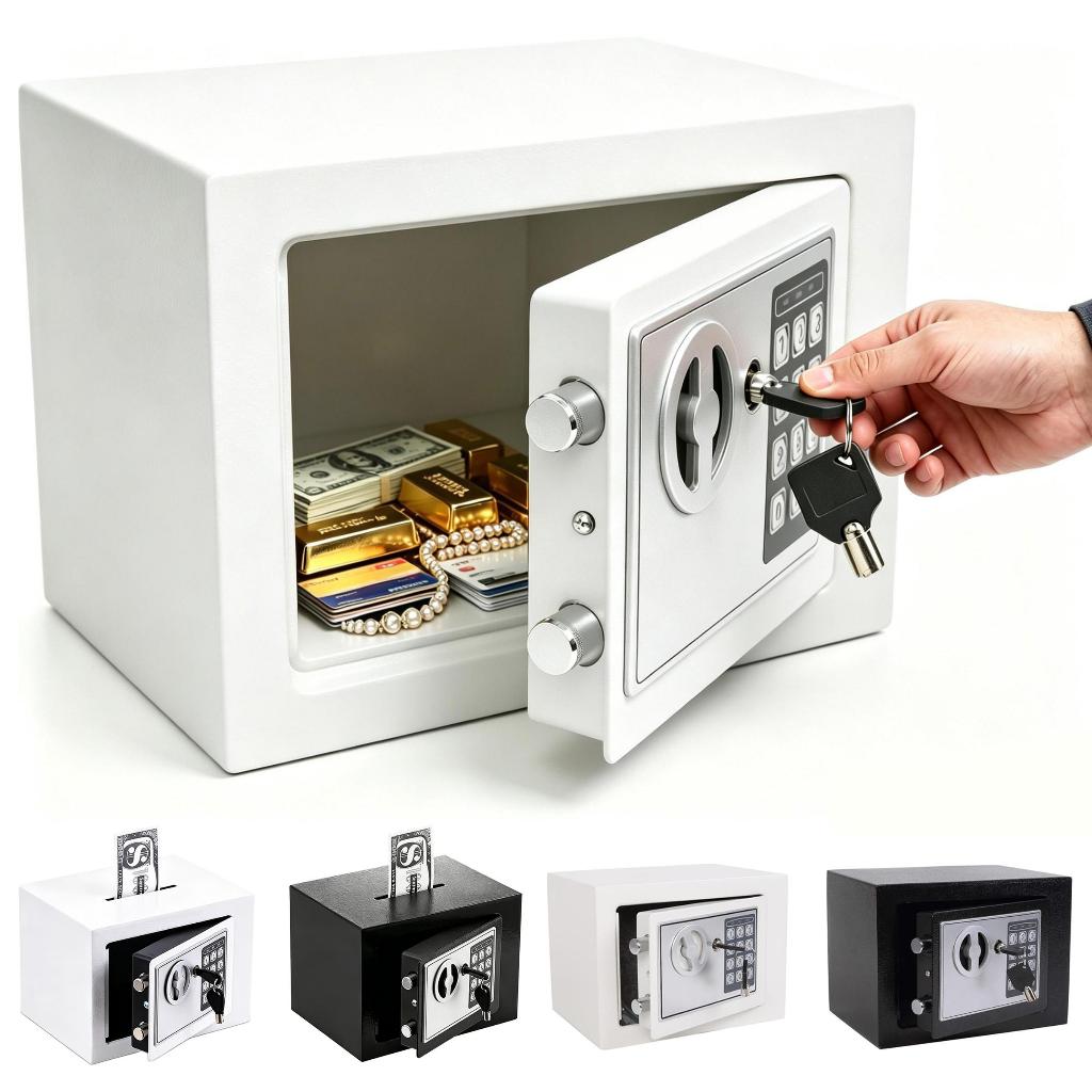 Cofre reforçado Eletrônico Moderno em Metal com Senha ou Chave Mais Seguro Tamanho 23x17x17 cm Preto e branco