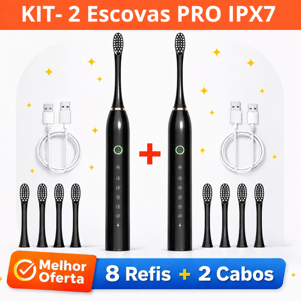 Kit Escova de Dente Elétrica 2 Unidades | IPX7 À Prova dÁgua + 7 Modos + 8 Cabeças | Recarregável Ns