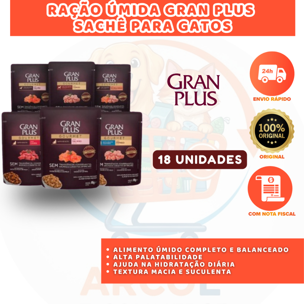 RAÇÃO ÚMIDA GRAN PLUS SACHÊ PARA GATOS – CAIXA COM 18 UN (85G CADA)