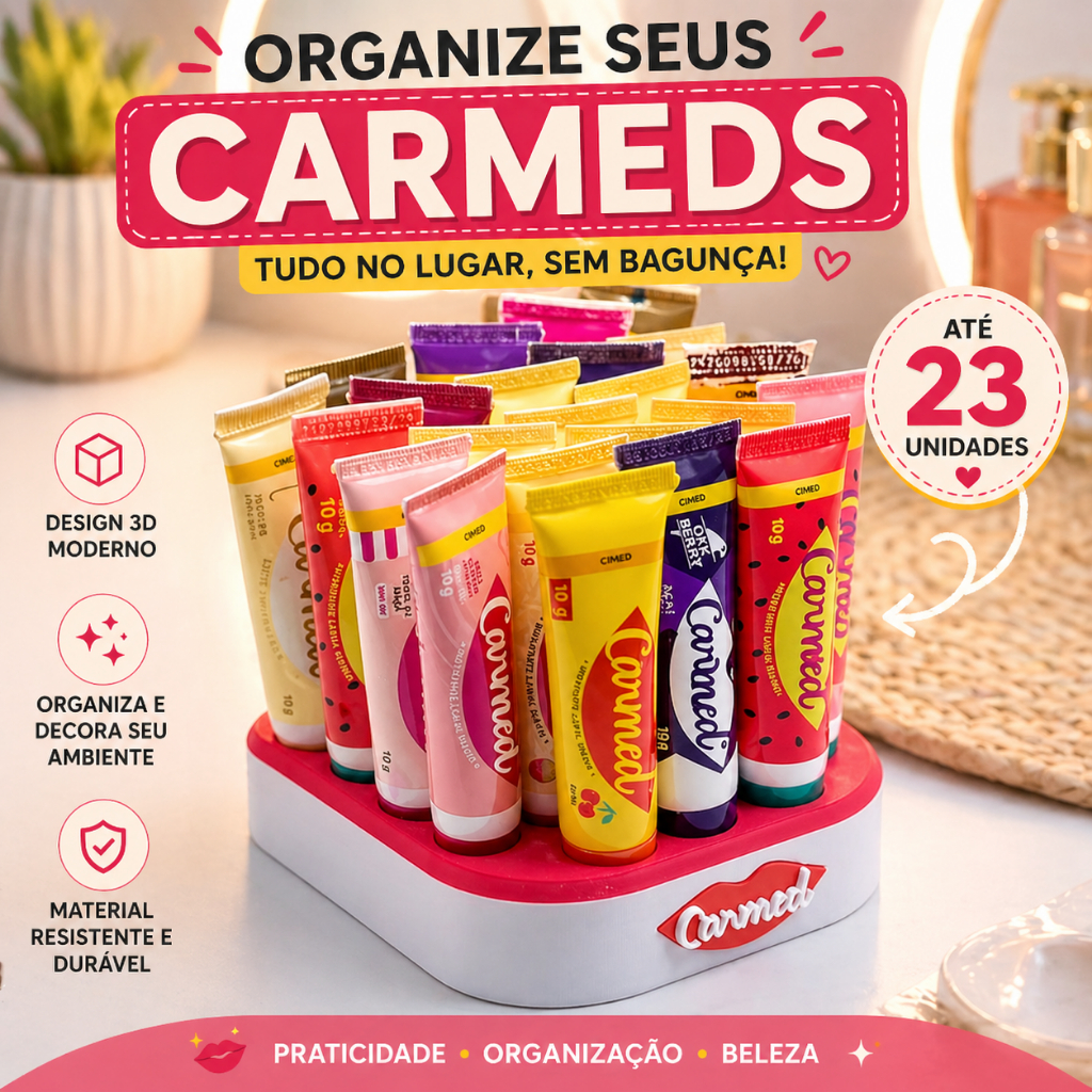 Porta Carmeds 3D para 23 Hidratantes Labiais Organizador de Lip Balm Carmex e Skincare Penteadeira