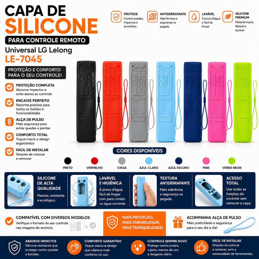 Capa de Silicone para Controle Remoto Universal LG Lelong LE-7045 | Proteção Antiderrapante Cores Variadas
