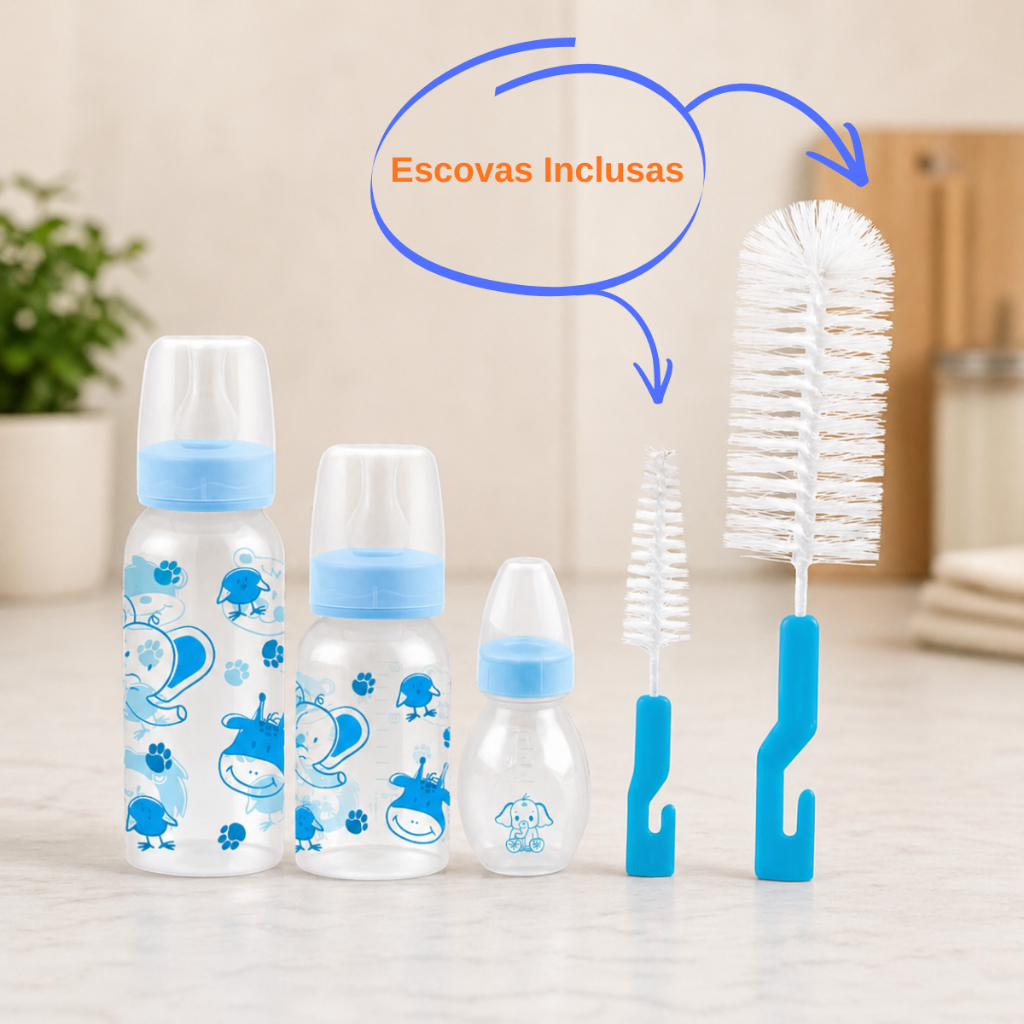 Kit 5 Peças Bebê 3 Mamadeiras Bico Silicone + 2 Escovas Limpeza