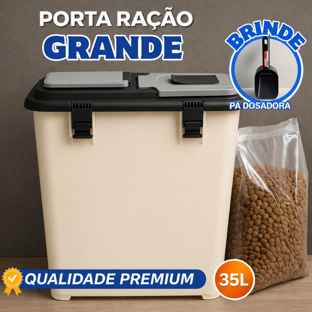 Porta Ração 15KG + Pá Dosadora Com 35 Litros