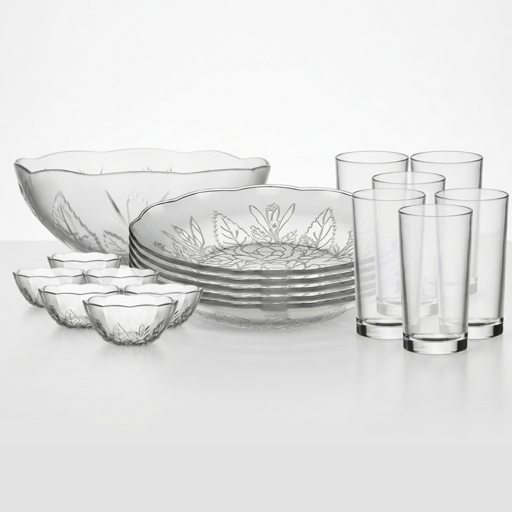 Aparelho de Jantar 19 Peças Vidro Transparente Floral Pratos Copos Tigelas Saladeira