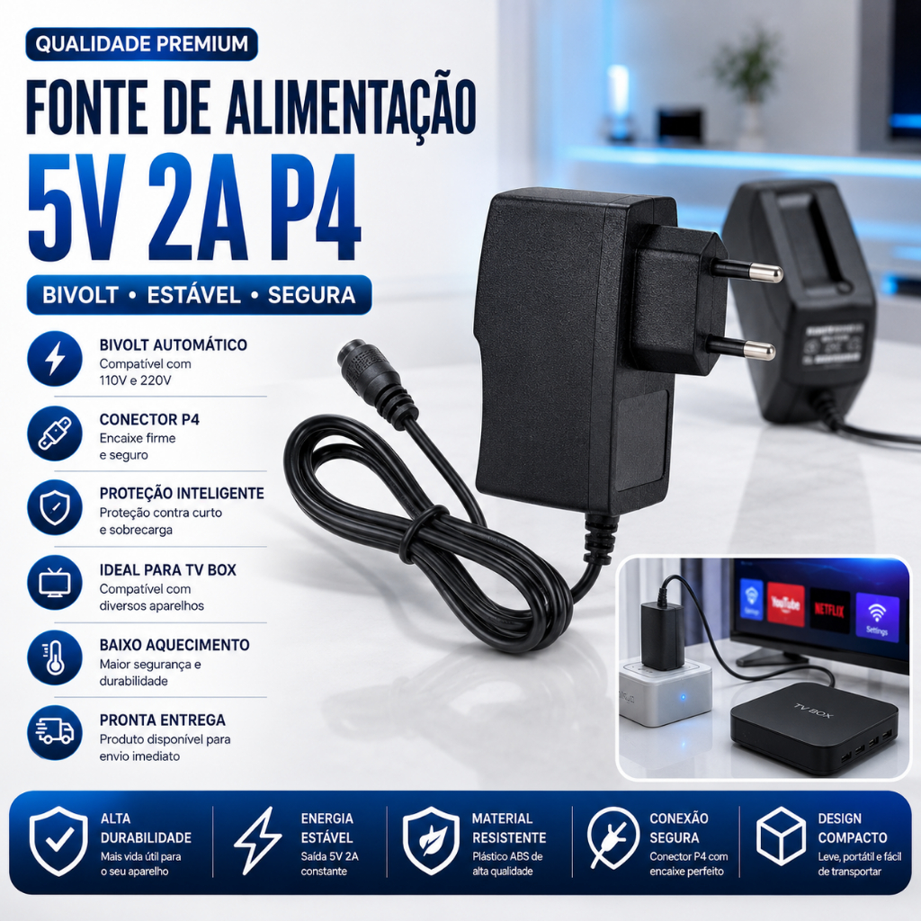 Fonte De Alimentação Bivolt 5v 2a P4 Tv Box Preto 110v/220v Pronta entrega 5w