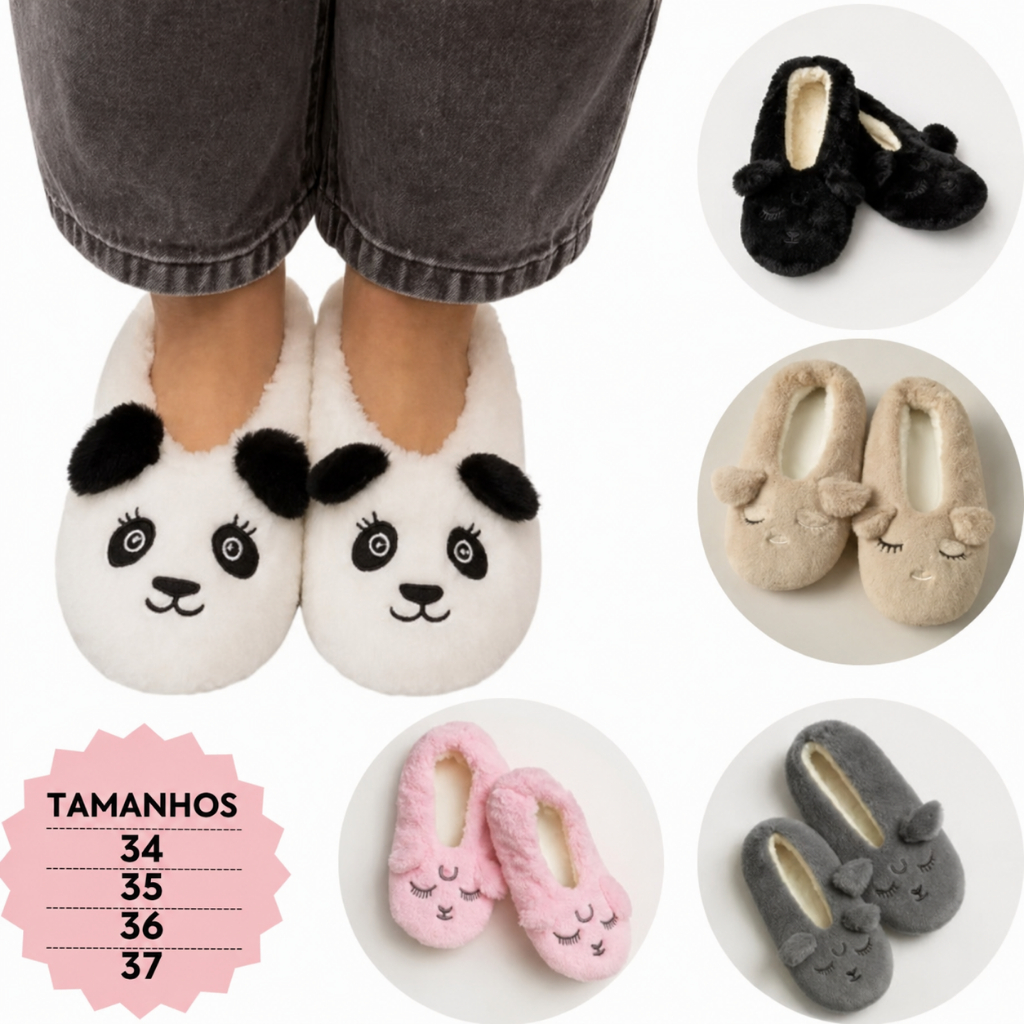 Pantufa Chinelo Antiderrapante Calçado Inverno Confortavel Bichinhos Adulto Infantil Para Frio