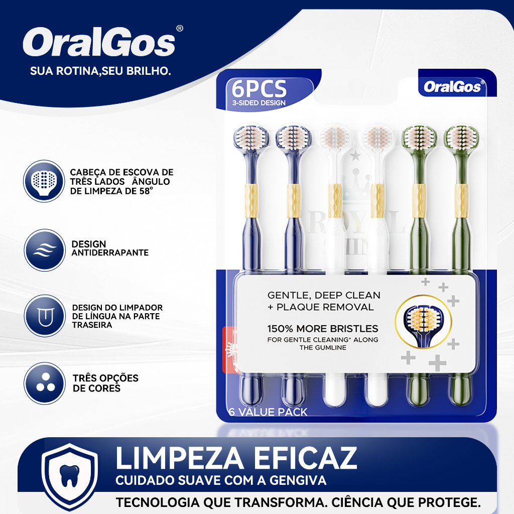 OralGos Escova Dental 3 Lados, Limpeza Profunda, Cerdas Macias, Para Gengivas Sensíveis