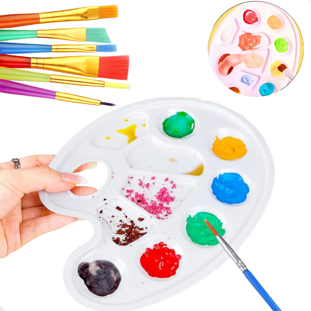 Kit Para Pintura 7 Peças Com Pincel Colorido e Paleta Godê Escolar Infantil