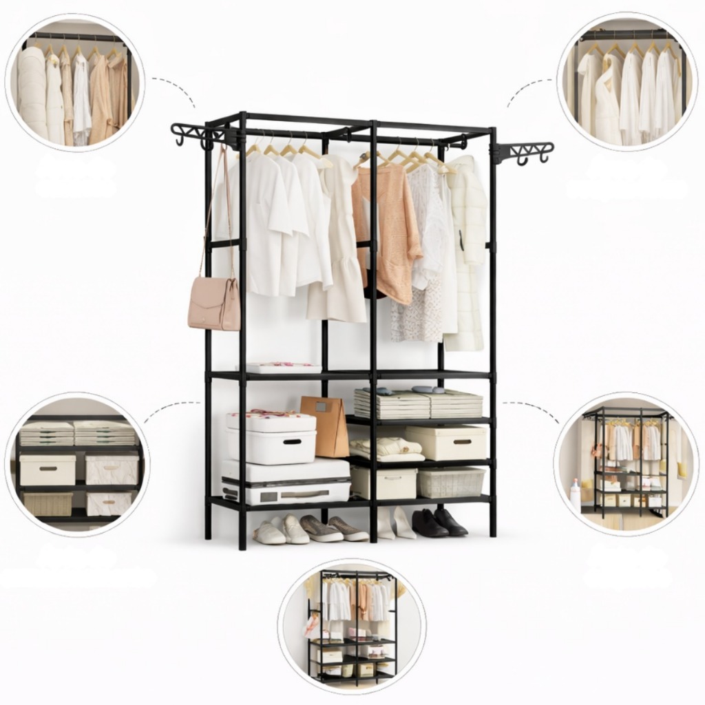 Arara de Roupas Dupla com Prateleiras Organizador Guarda Roupa Portátil 173cm Preta