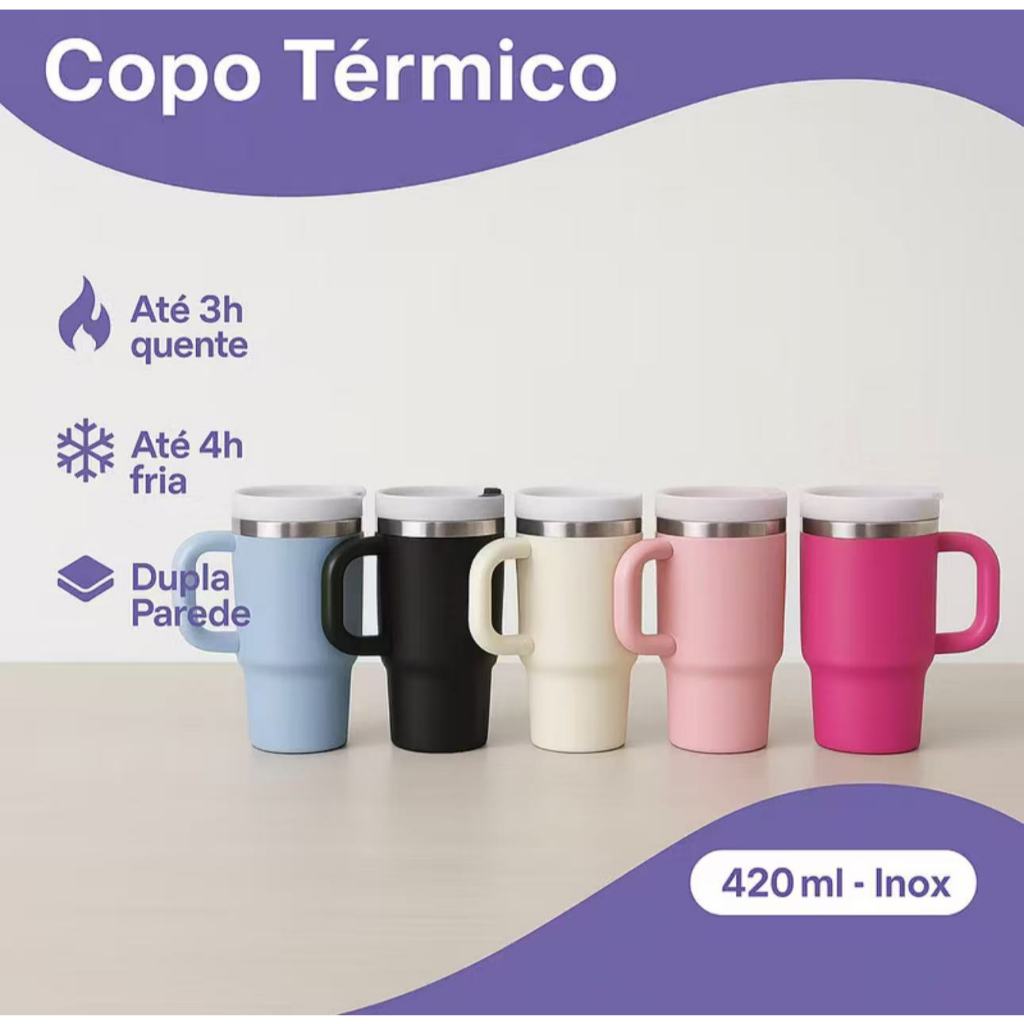 Copo Garrafa Térmica 420ml Resistente – Mantém Bebidas Frias ou Quentes por Mais Tempo