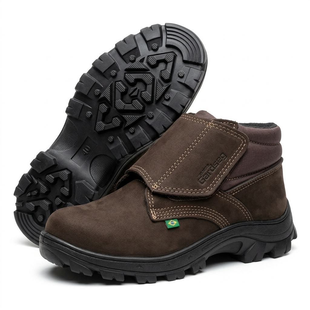 Bota de Segurança Trabalho Couro Legítimo Velcro Marrom com Bico PVC Conforto e Resistência