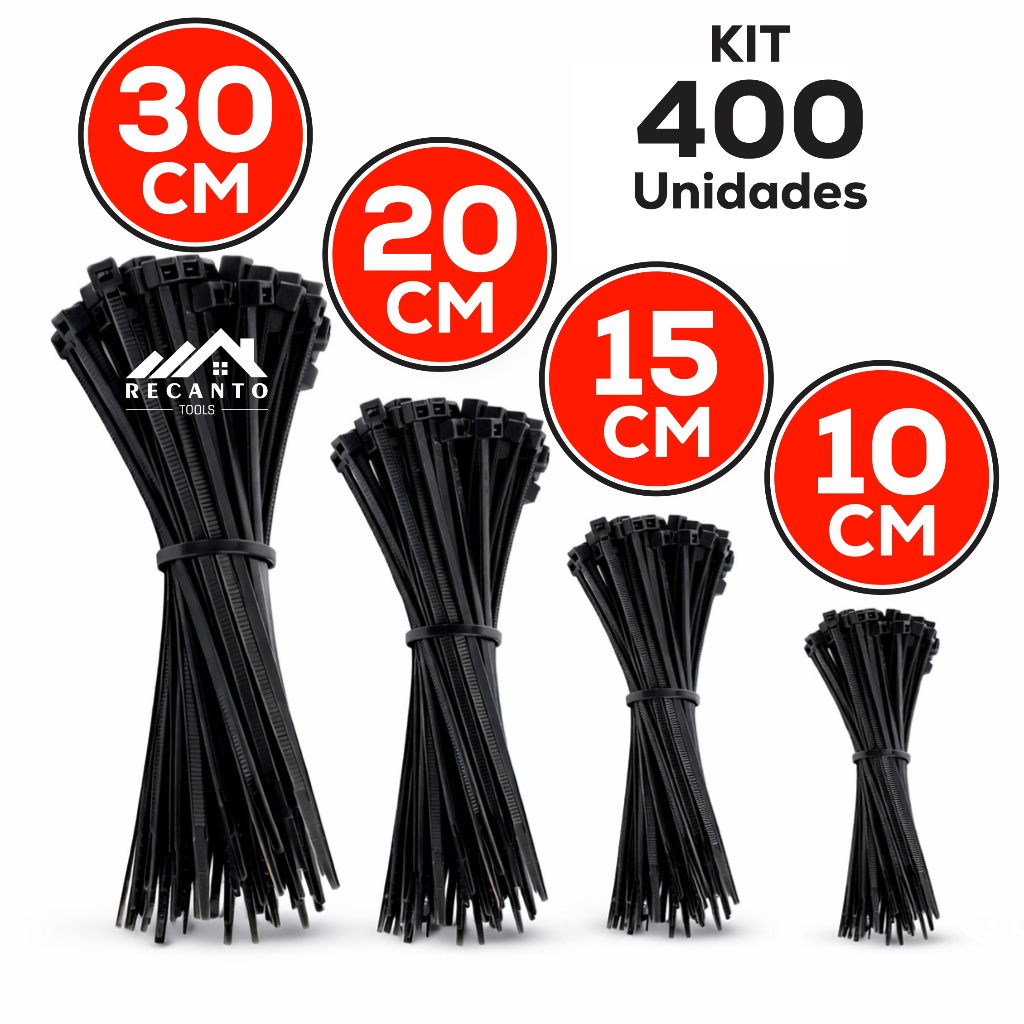 Kit 400 Abraçadeira de Nylon Enforca Gato Braçadeira Cintas Plásticas 10cm - 15cm - 20cm ou 25cm - 30cm - Preta | Branca