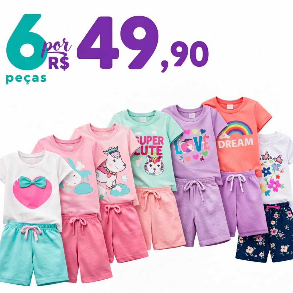 Kit C/6 peças Conjuntos Verão menina Infantil e Juvenil tamanho 01 ao 14
