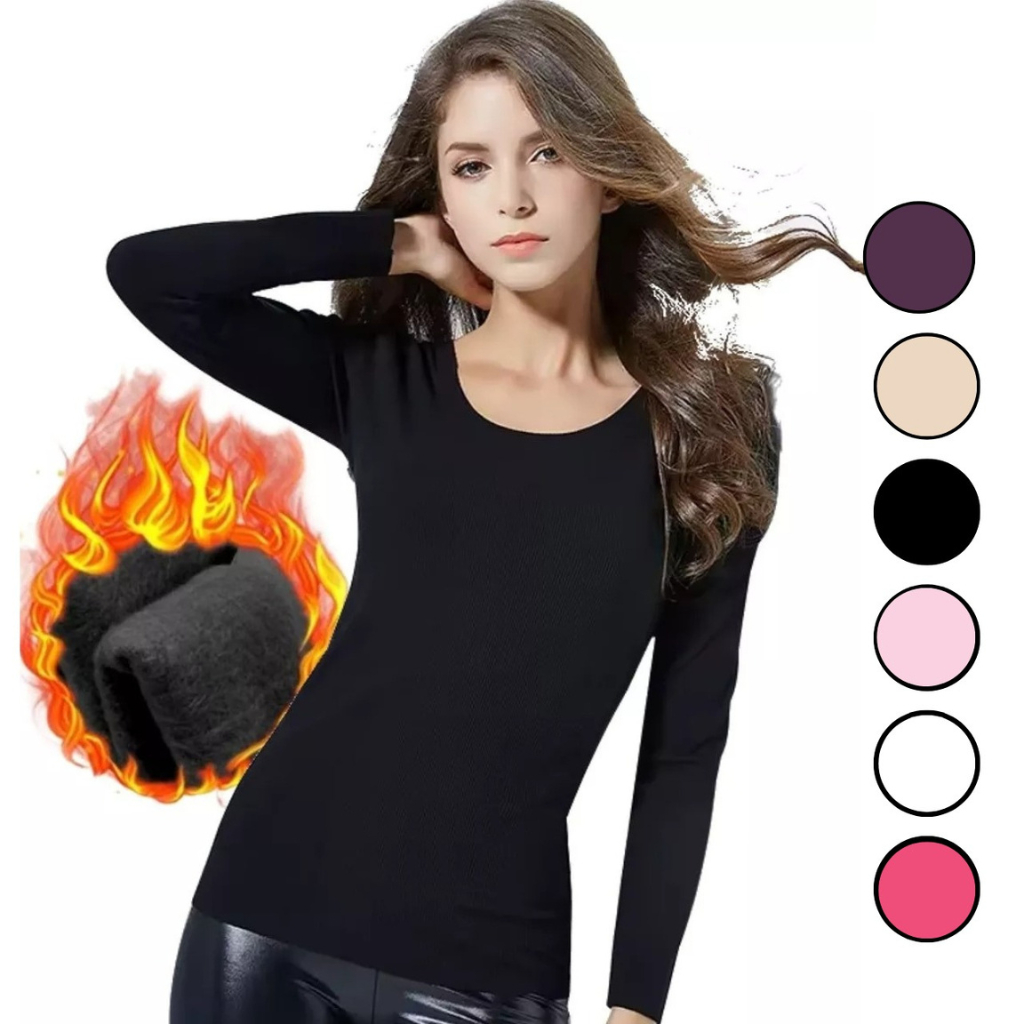 Blusa Térmica Feminin Peluciada Inverno  Manga Longa Segunda Pele Flanelada Proteção de Frio Intenso
