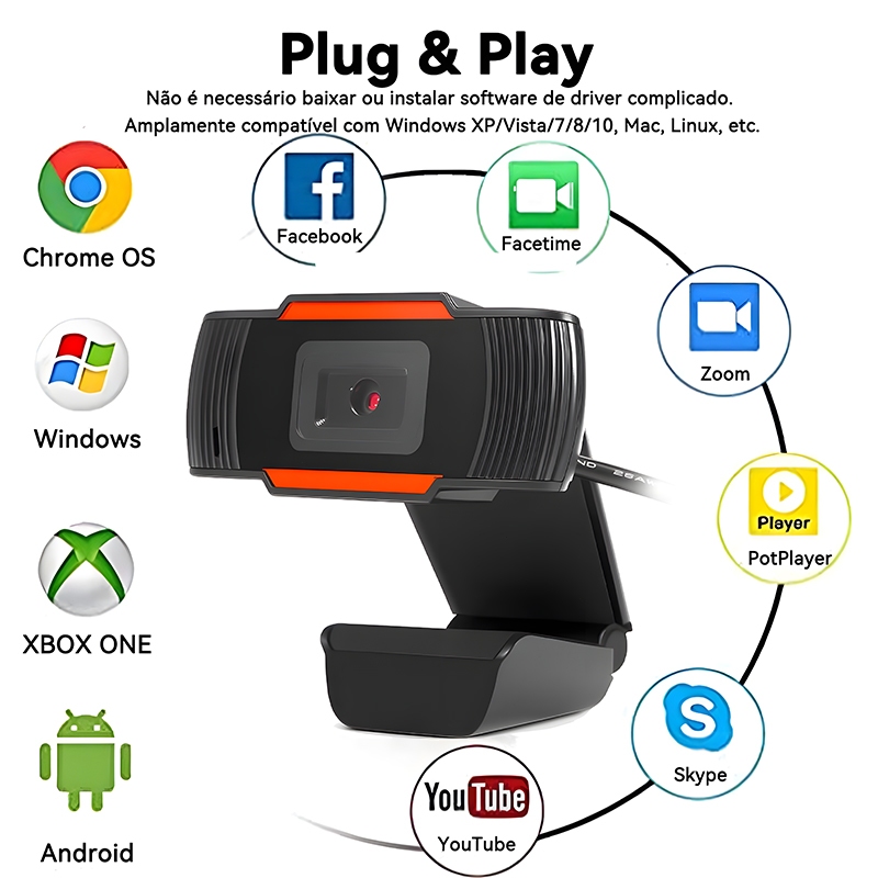 Webcam Full HD 1080p com Microfone Embutido - Widescreen USB, Ideal para Videoconferências e Chamadas Online Ajustamento