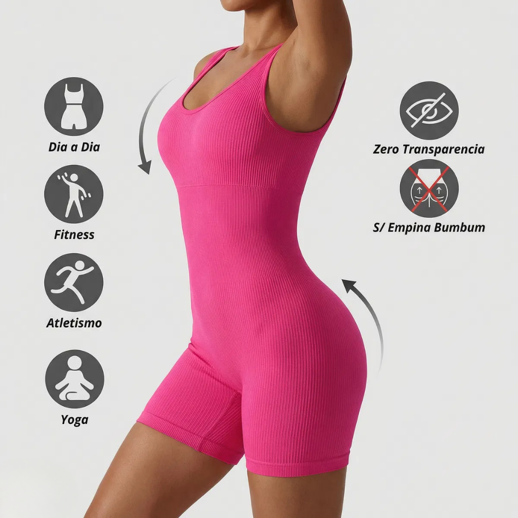 Macacão Feminino Ribana Canelada Academia Macaquinho Fitness Sem Costura Com Bojo