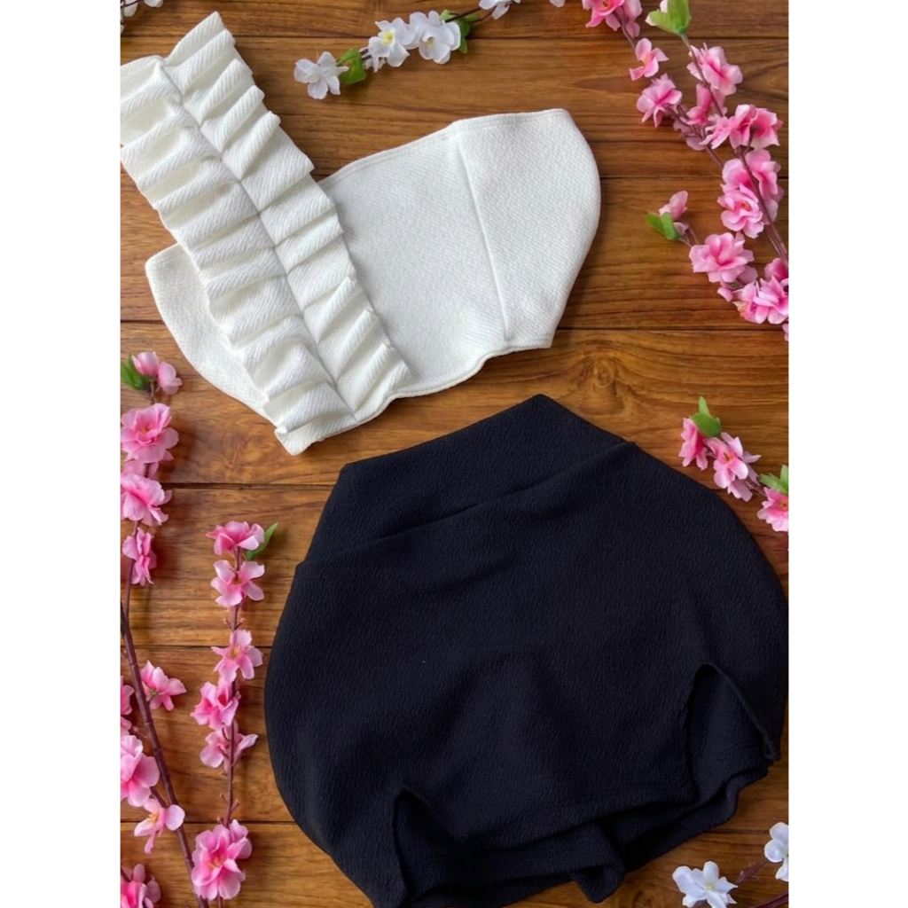 Conjunto feminino, Look Completo Conjunto Short Saia e Cropped Babado Lindo - Tendência Blogueira Verão Crepe, Promoção,